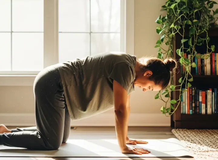 Una persona in abiti comodi pratica la posizione del Gatto-Mucca su un tappetino da yoga