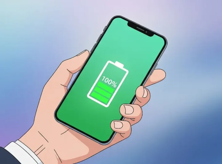 Una persona tiene in mano uno smartphone con un icona di batteria verde