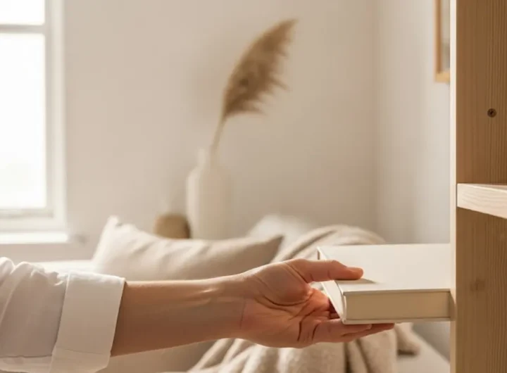 Una scrivania ordinata e minimalista con una pianta verde