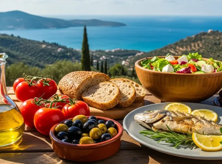 Una tavola imbandita con alimenti freschi e colorati tipici della dieta mediterranea