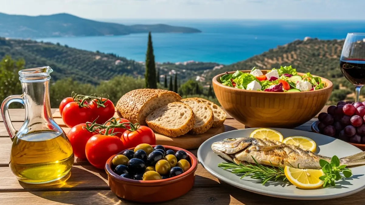 Una tavola imbandita con alimenti freschi e colorati tipici della dieta mediterranea