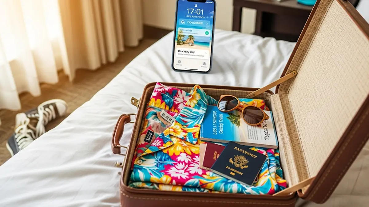 Una valigia aperta su un letto con sullo sfondo uno smartphone