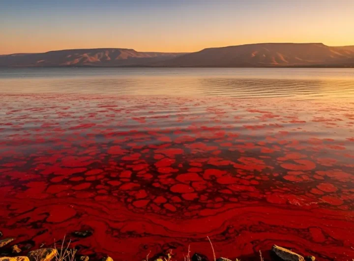 Veduta panoramica del Mare di Galilea con le acque tinte di una suggestiva sfumatura rossastra a causa della fioritura algale