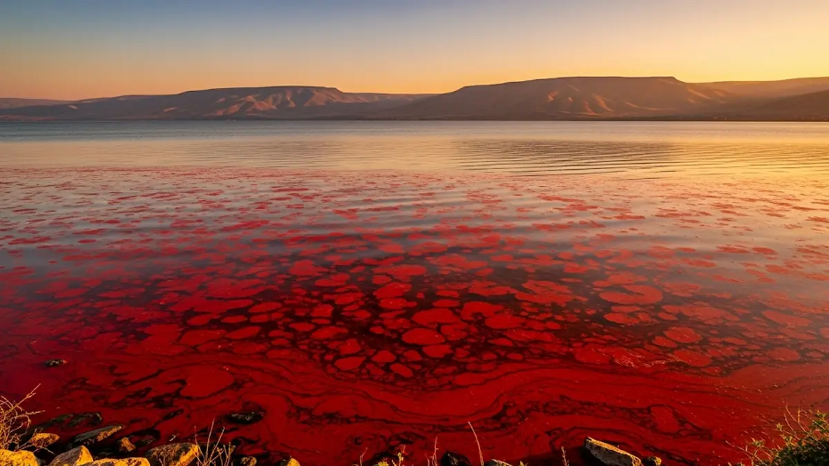 Veduta panoramica del Mare di Galilea con le acque tinte di una suggestiva sfumatura rossastra a causa della fioritura algale