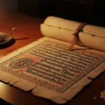 antica pergamena o un manoscritto aperto che rappresenta il Vangelo di Nicodemo