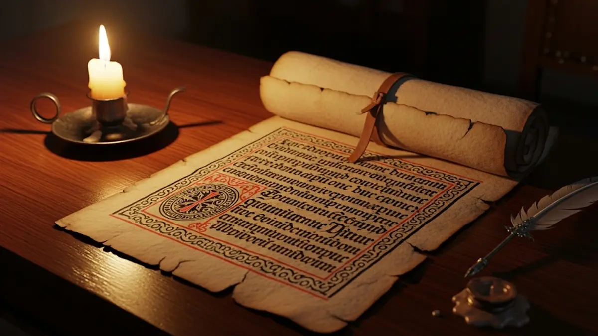 antica pergamena o un manoscritto aperto che rappresenta il Vangelo di Nicodemo