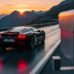 auto sportiva di lusso di colore scuro vista posteriore che sfreccia su una strada di montagna svizzera al tramonto