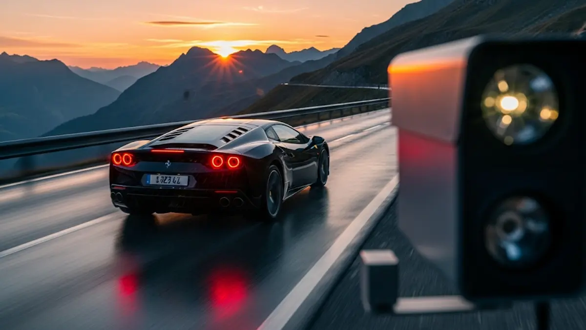 auto sportiva di lusso di colore scuro vista posteriore che sfreccia su una strada di montagna svizzera al tramonto