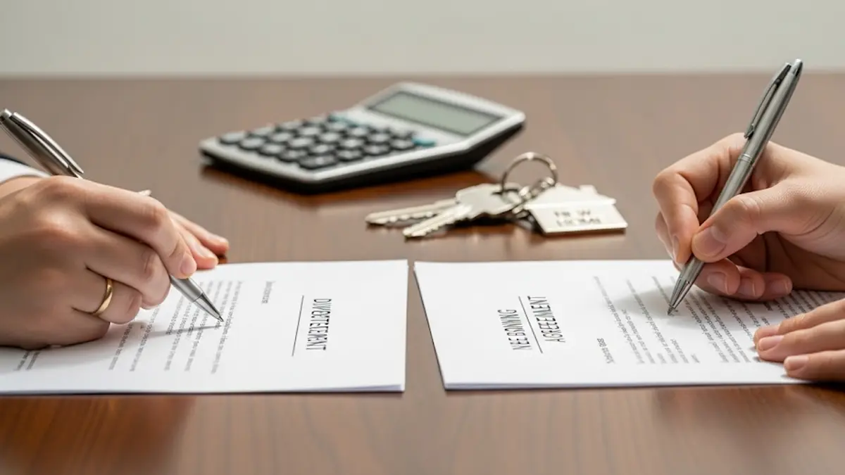 due mani una con una fede nuziale che firmano due documenti separati su un tavolo elegante