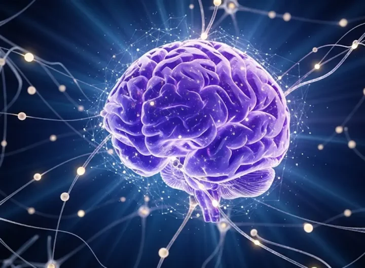 immagine artistica e stilizzata di un cervello umano illuminato da particelle di luce colorate che rappresentano i pensieri e le sinapsi