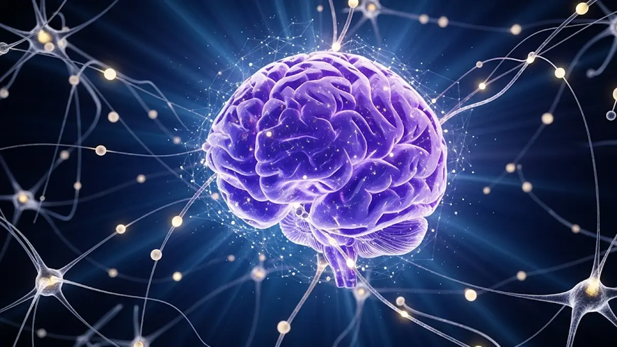 immagine artistica e stilizzata di un cervello umano illuminato da particelle di luce colorate che rappresentano i pensieri e le sinapsi