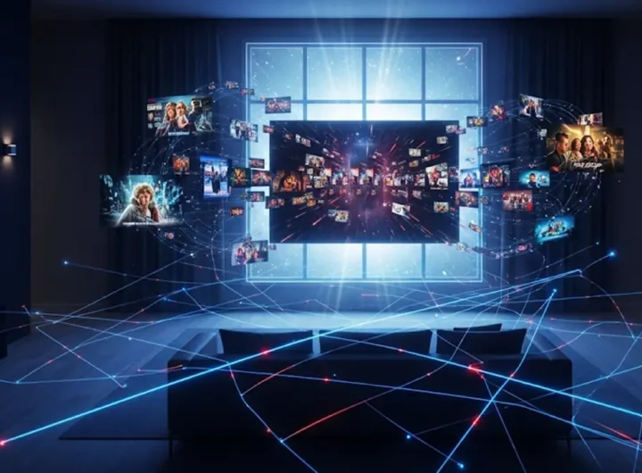 immagine che mostra un divano accogliente di fronte a un televisore che proietta il logo di Netflix