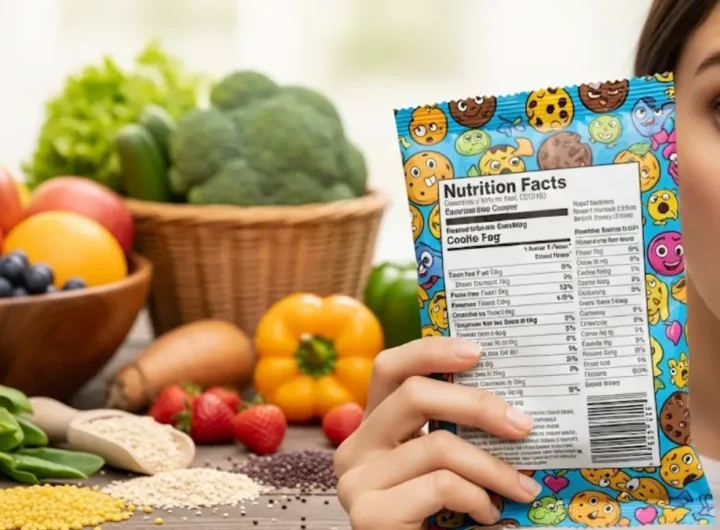 immagine che mostra una persona che legge un'etichetta alimentare ingrandita su un pacchetto di biscotti