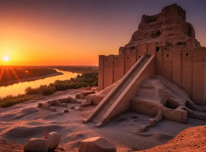 immagine suggestiva al tramonto delle rovine di un antica ziggurat mesopotamica