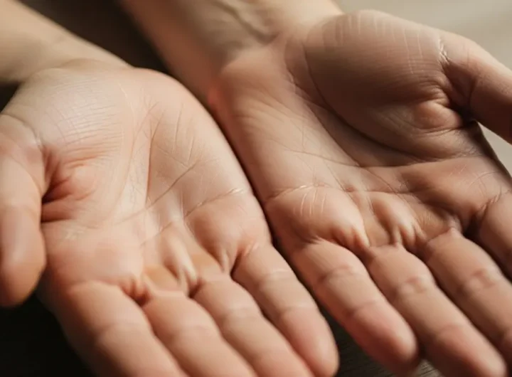 le mani di una persona aperte con le linee del palmo ben visibili e a fuoco