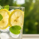 primo piano un bicchiere di acqua fresca con limone e menta