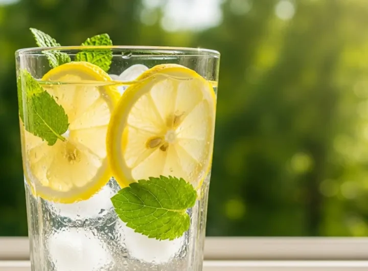 primo piano un bicchiere di acqua fresca con limone e menta