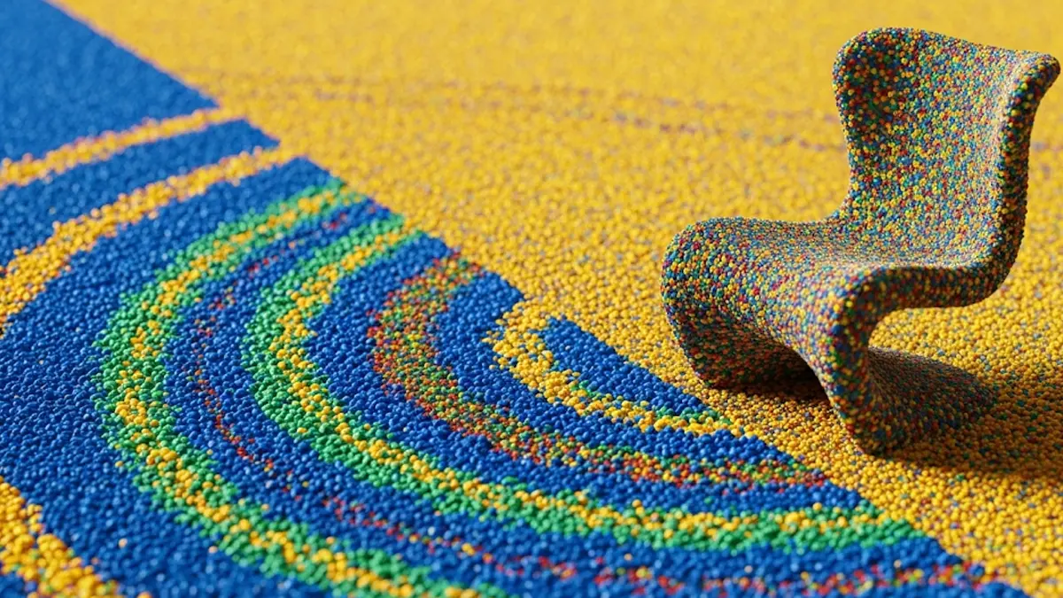un dettaglio macro di granuli di plastica riciclata R-PET colorati che si trasformano in un oggetto di design