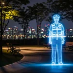 un ologramma luminoso e traslucido di un agente di polizia sudcoreano a figura intera