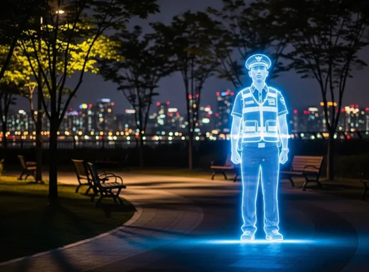 un ologramma luminoso e traslucido di un agente di polizia sudcoreano a figura intera