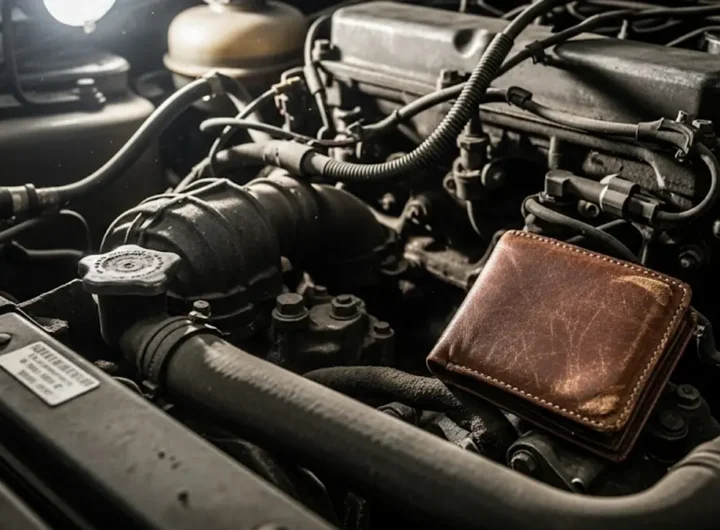 un vecchio e consumato portafoglio da uomo in pelle marrone