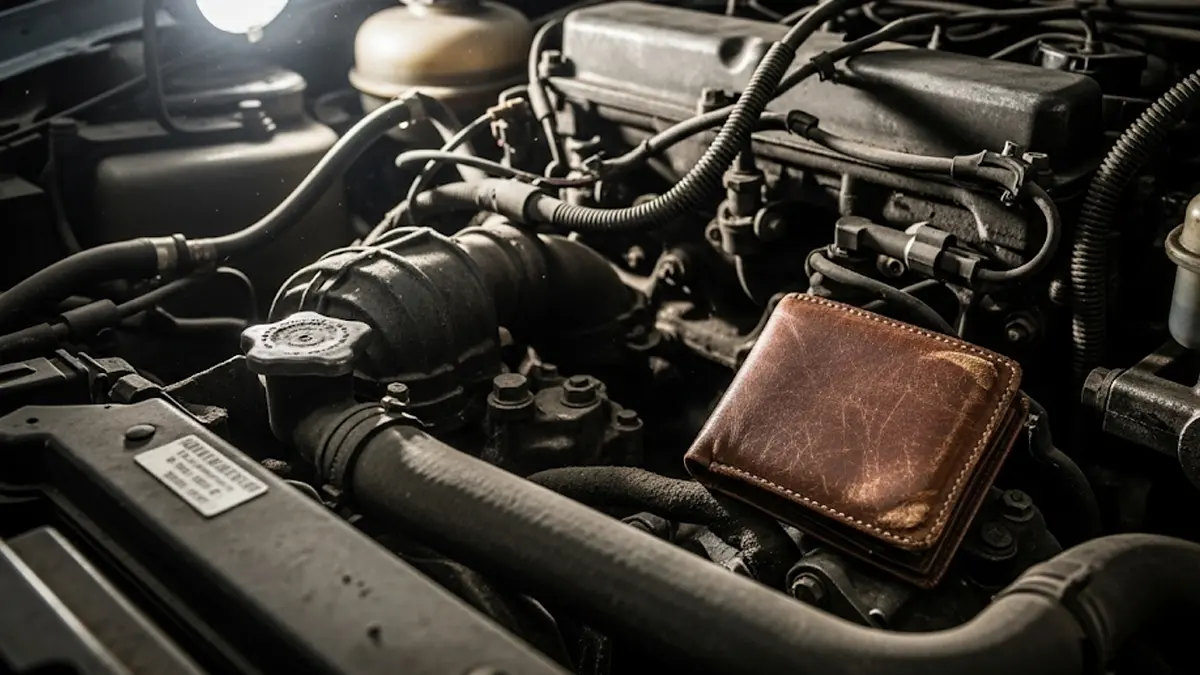 un vecchio e consumato portafoglio da uomo in pelle marrone