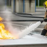un vigile del fuoco in azione mentre dirige il getto di un estintore a schiuma verso la base di un fuoco controllato