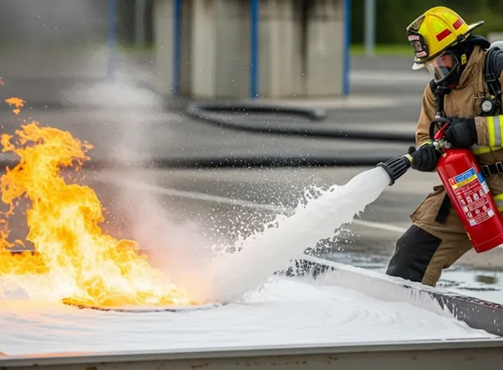 un vigile del fuoco in azione mentre dirige il getto di un estintore a schiuma verso la base di un fuoco controllato