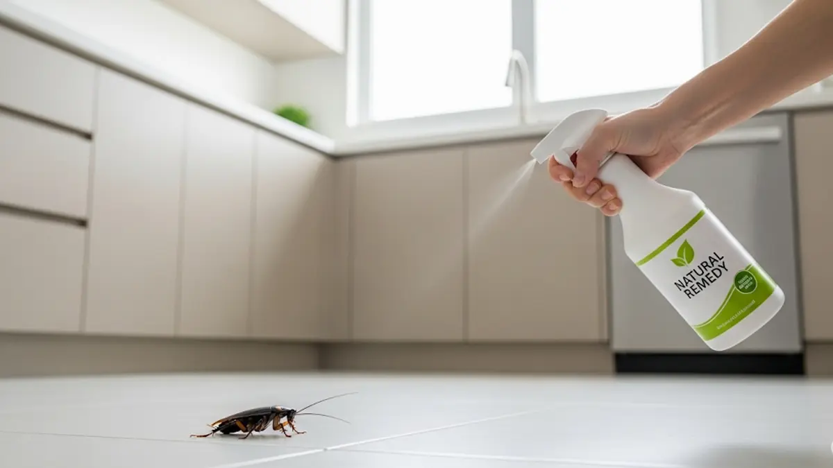 una blatta scura su una piastrella in cucina