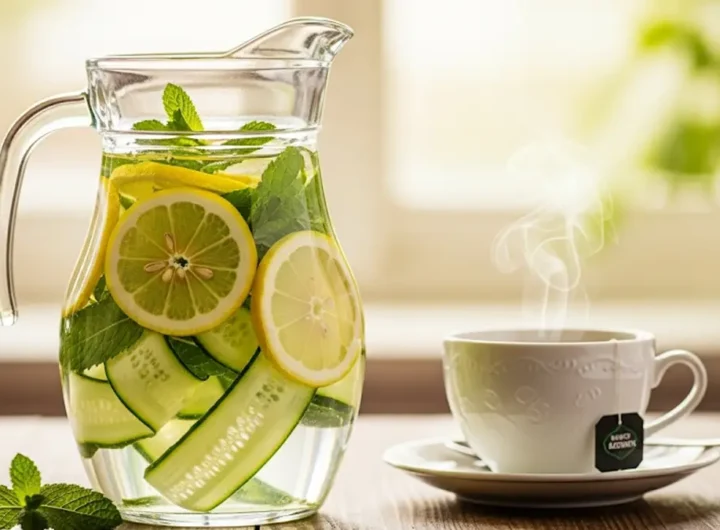 una caraffa di vetro con acqua fettine di limone cetriolo e foglie di menta