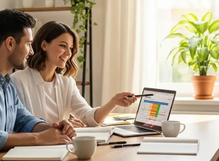 una coppia sorridente o una famiglia seduta a un tavolo mentre pianifica serenamente le proprie finanze