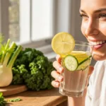 una donna sorridente e in salute mentre beve un bicchiere di acqua