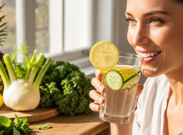 una donna sorridente e in salute mentre beve un bicchiere di acqua