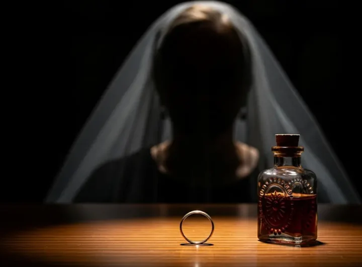 una fede nuziale di oro è appoggiata accanto a una piccola boccetta di vetro antico contenente un liquido scuro