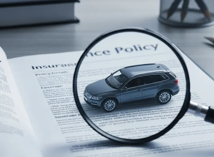 una lente di ingrandimento che ispeziona un modellino di auto e una polizza assicurativa