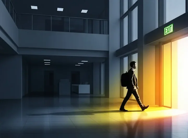 una persona che cammina con decisione fuori da un edificio per uffici