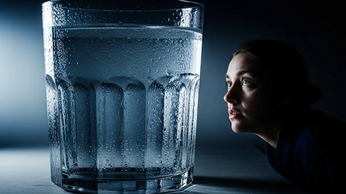 una persona che guarda con sospetto un grande bicchiere di acqua