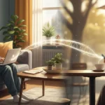 una persona di 30-40 anni serena seduta su un divano a casa