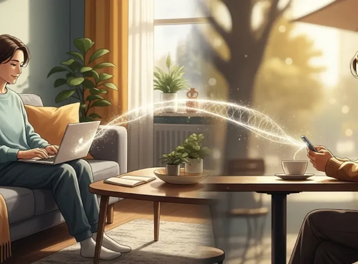 una persona di 30-40 anni serena seduta su un divano a casa