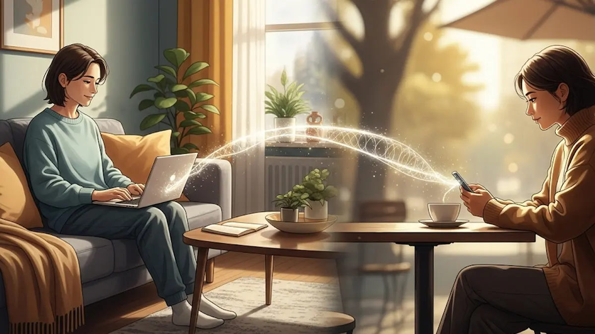 una persona di 30-40 anni serena seduta su un divano a casa