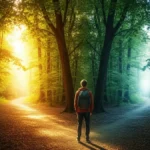 una persona di schiena di fronte a due sentieri che si diramano in un bosco