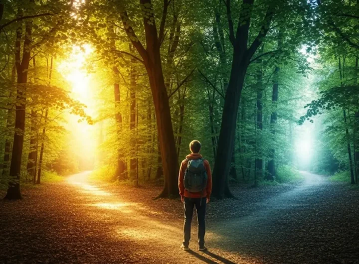 una persona di schiena di fronte a due sentieri che si diramano in un bosco