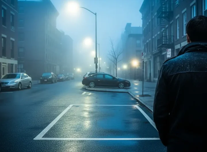 una persona di schiena in una strada di città leggermente buia o nebbiosa