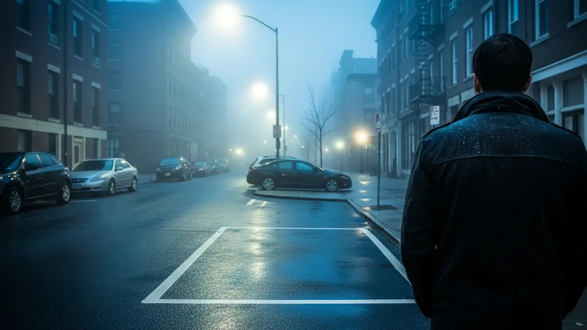 una persona di schiena in una strada di città leggermente buia o nebbiosa