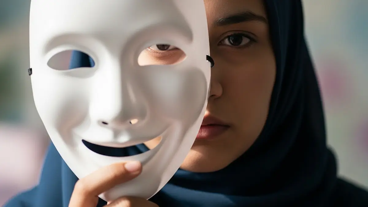 una persona tiene in mano una maschera bianca sorridente che copre parzialmente il suo volto