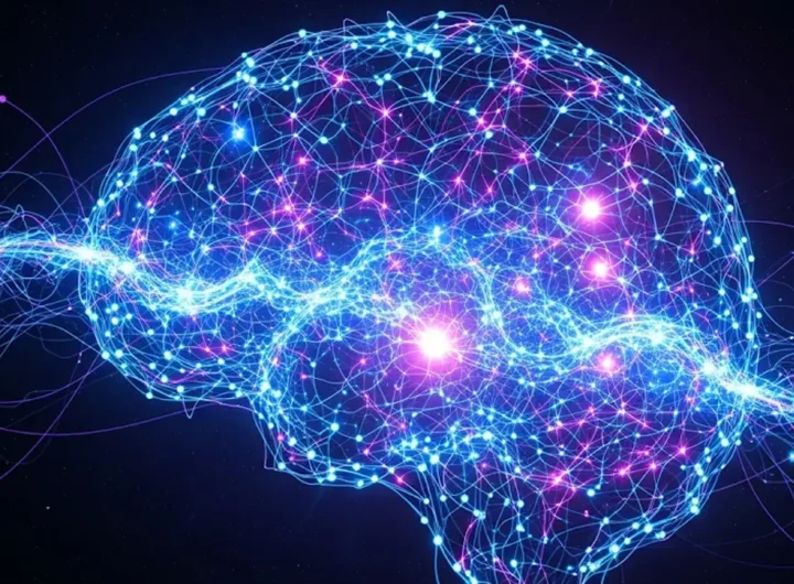 una rete neurale luminosa su uno sfondo scuro