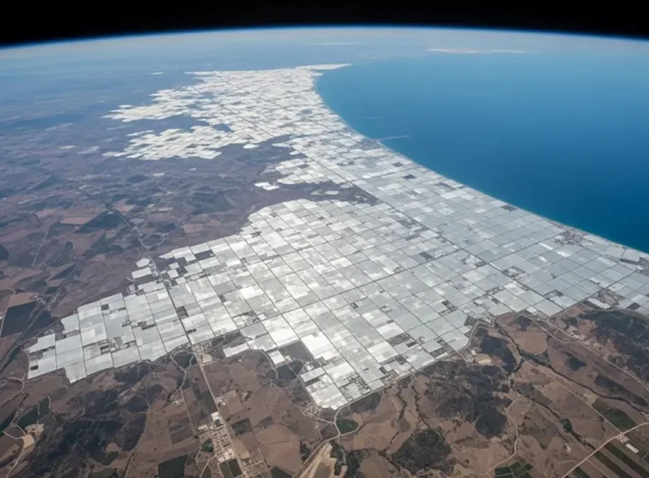 una vastissima area coperta da innumerevoli serre di plastica bianca che riflettono la luce del sole