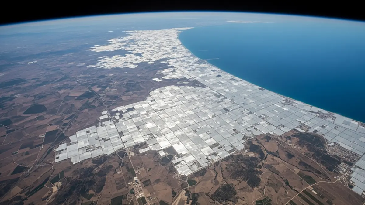 una vastissima area coperta da innumerevoli serre di plastica bianca che riflettono la luce del sole