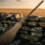 una vecchia scopa di saggina appoggiata a un muro di pietra rustico