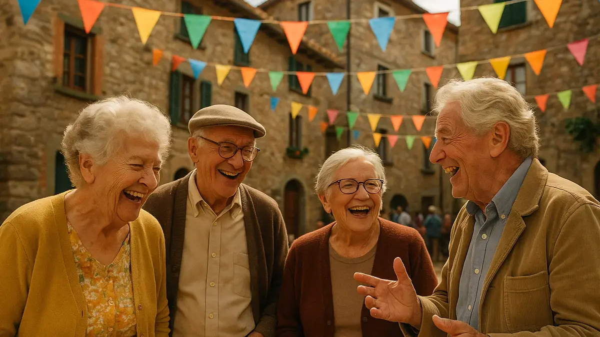 Anziano lucchese che racconta storie in foionco durante una festa di paese